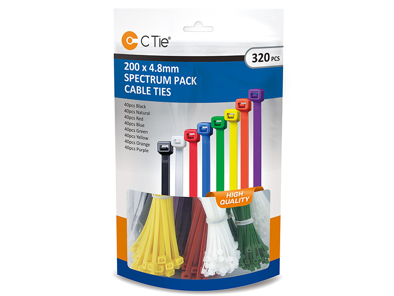 320 Piece Assorted Multicolour Cable Tie Pack - 200mm x 4.8mm (8 Colours)