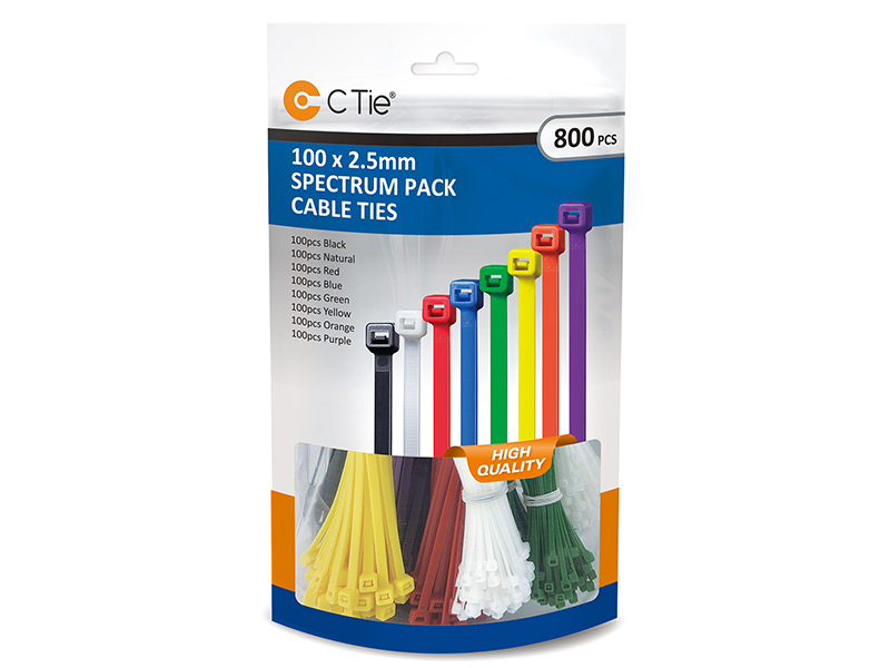 800 Piece Assorted Multicolour Cable Tie Pack - 100mm x 2.5mm (8 Colours)